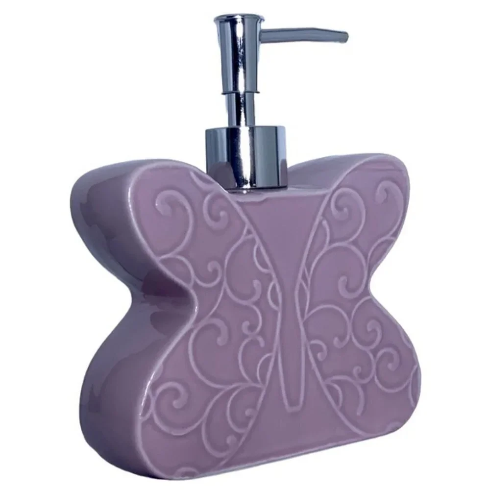 Matt & Maddie Butterfly Soap Lotion Dispenser Embossed 3D Floral Ceramic Pink